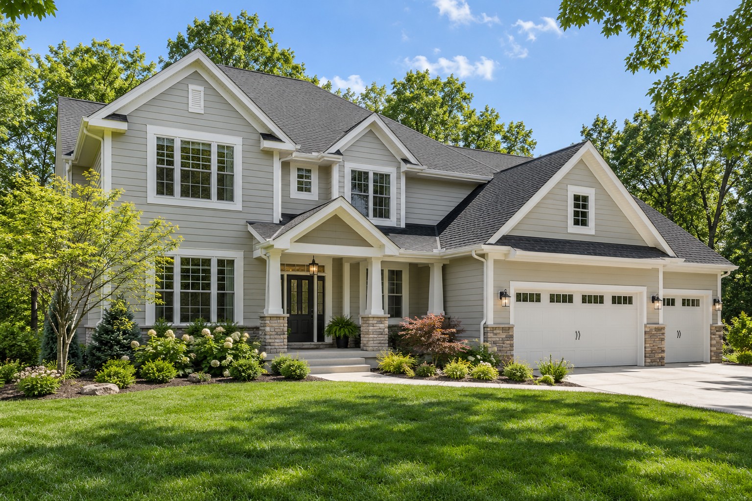 New Midwestern home with fresh siding and a new shingle roof surrounded by lush green trees