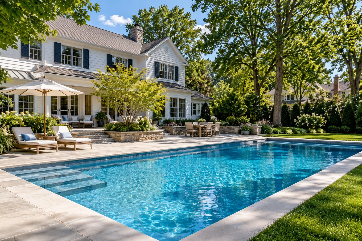 Rectangular custom pool beside a traditional Midwestern home with a lush green backyard