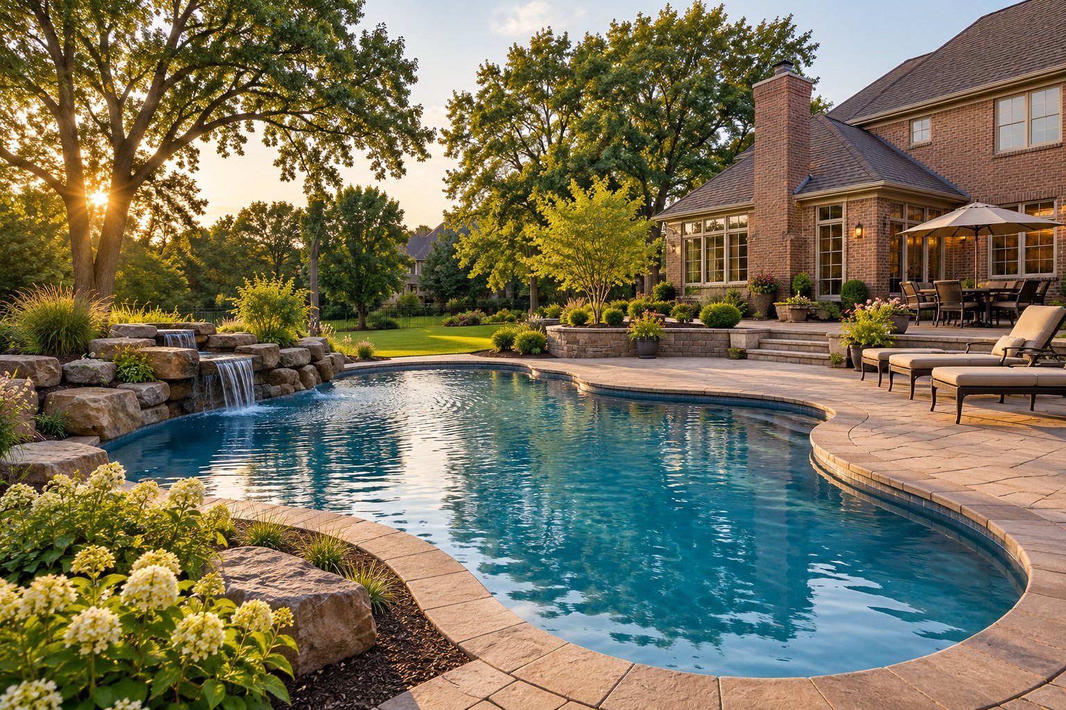Freeform custom pool with a paver patio in a leafy Midwestern brick home's backyard