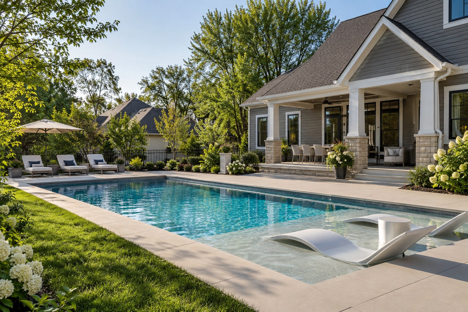 Custom rectangular pool with a tanning ledge beside a gray Midwestern craftsman home